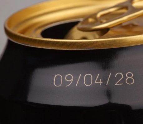 Laser-coded expiry date on an aluminium beverage can used in industrial food and beverage packaging applications.